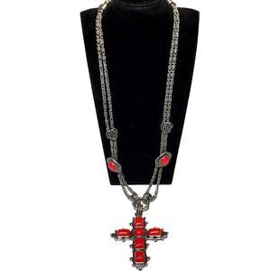 Red Silver Tone Chunky Cross Rose Charms Double Chain Necklace 22" Unsigned